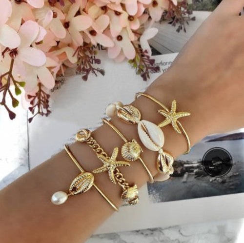 Gold Sea Shell Summer Bangle Bracelet Set zieselo