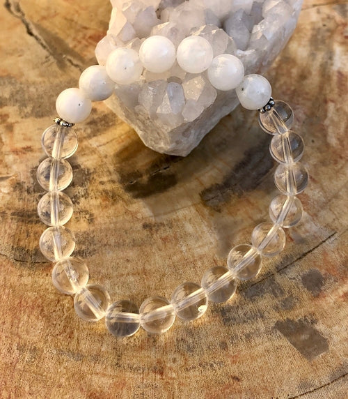 Rainbow Moonstone & Crystal Quartz Stretch Bracelet! Genuine Crystals! zieselo